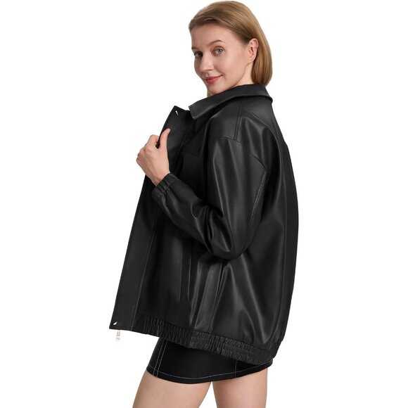 Women's Black Faux Leather Zip-Up Jacket with Elastic Cuffs and Collar - Picture 5 of 7